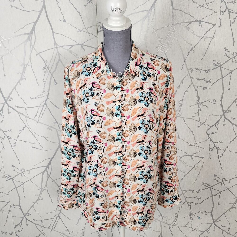 Talbots Colorful Artsy Floral Birds Print Button Front Shirt